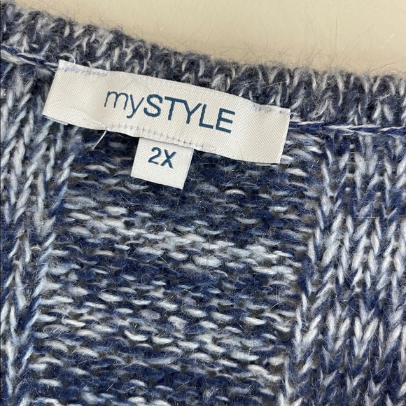 My Style V-Neck Knit Tunic Sweater Navy Blue Grey Mix Pockets Plus Size 2X - Picture 7 of 11